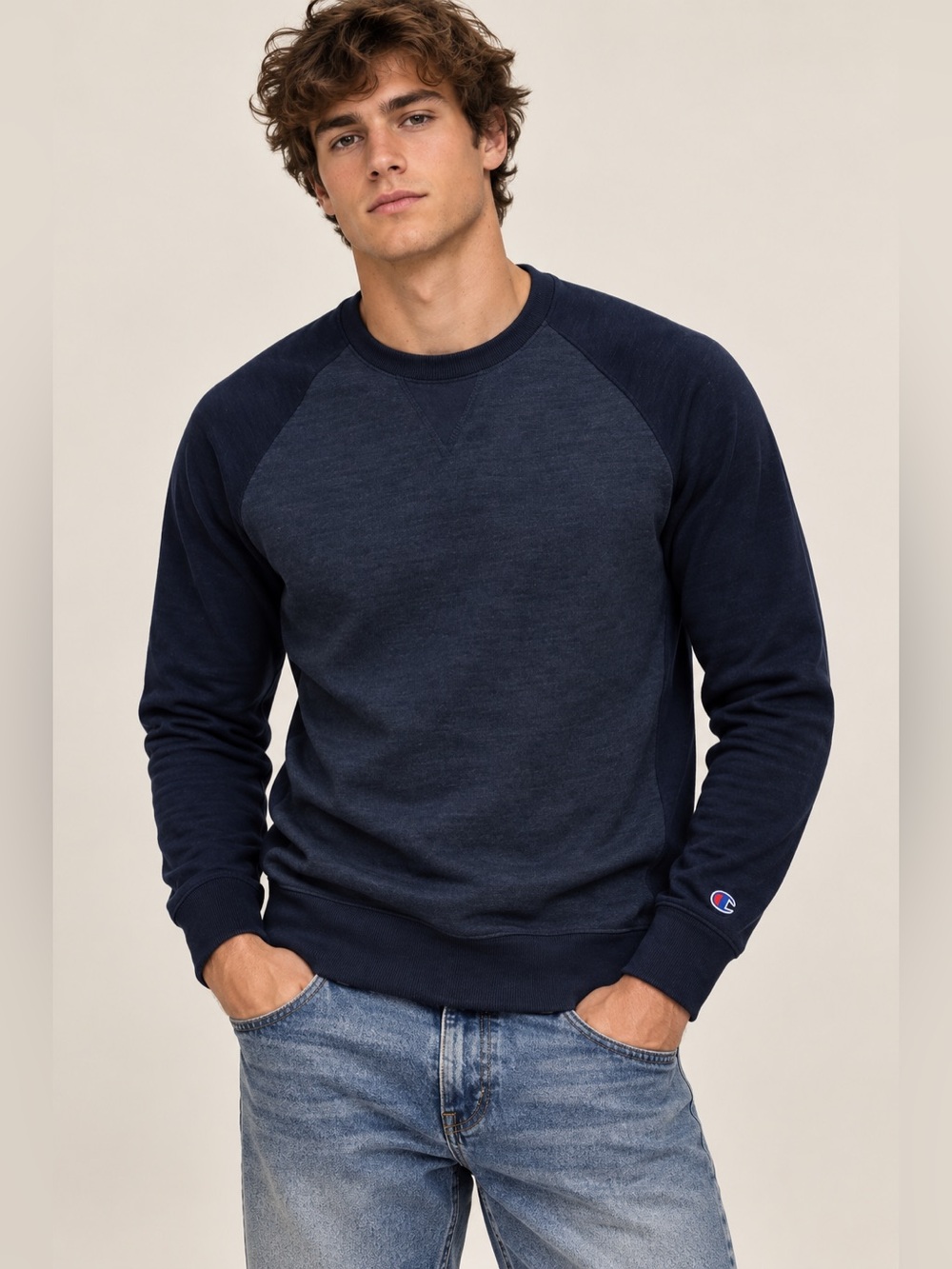 Champion Mens Navy Blue Raglan Crewneck Sweatshirt Athleisure Preppy Small